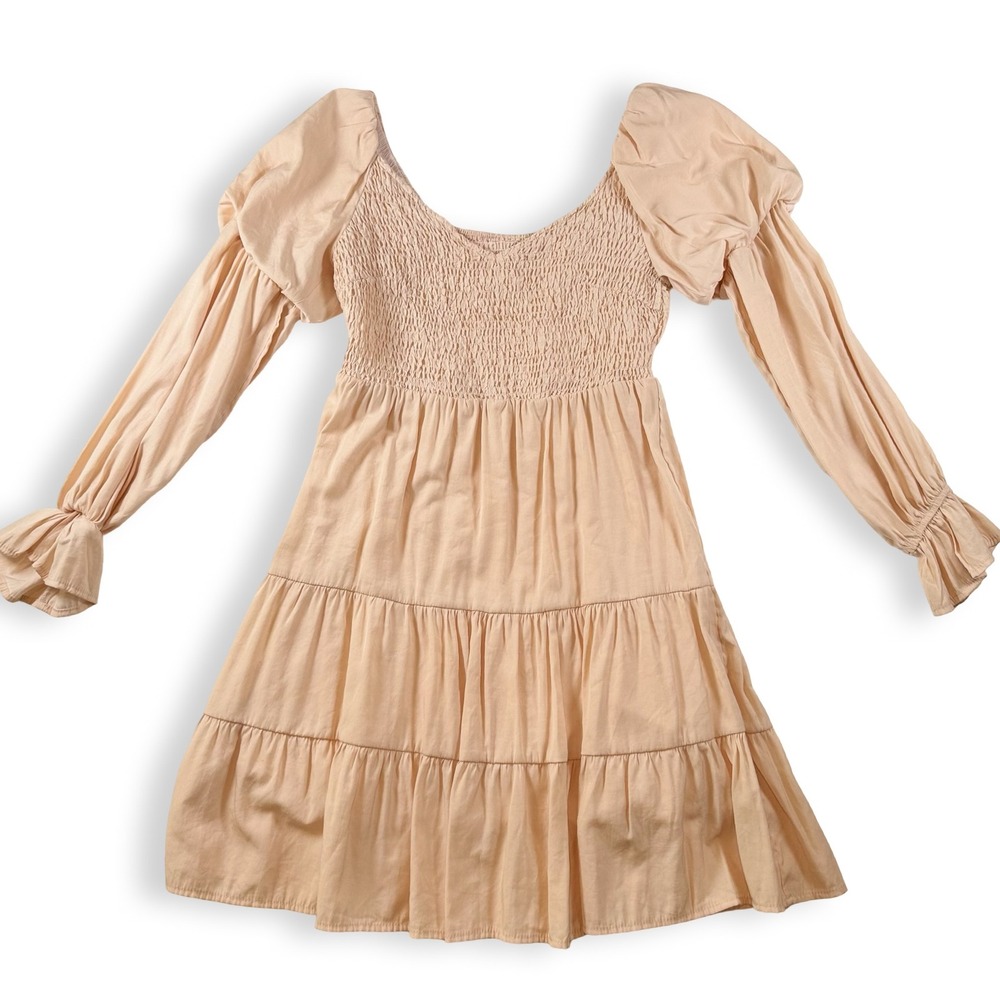 Peach Smocked Tiered Mini‎ Dress Puff Long Sleeve Boho Size Medium